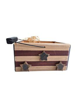 Americana Themed Wood Box Stars & Stripes Red Blue & Handle Basket Decor